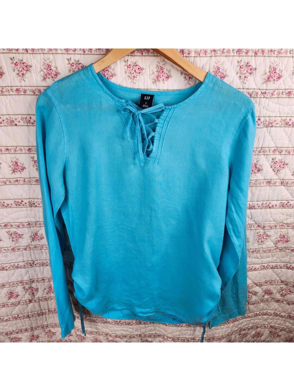 GAP 100% Linen Turquoise Lace Up Blouse Size Small Lightweight Boho Top